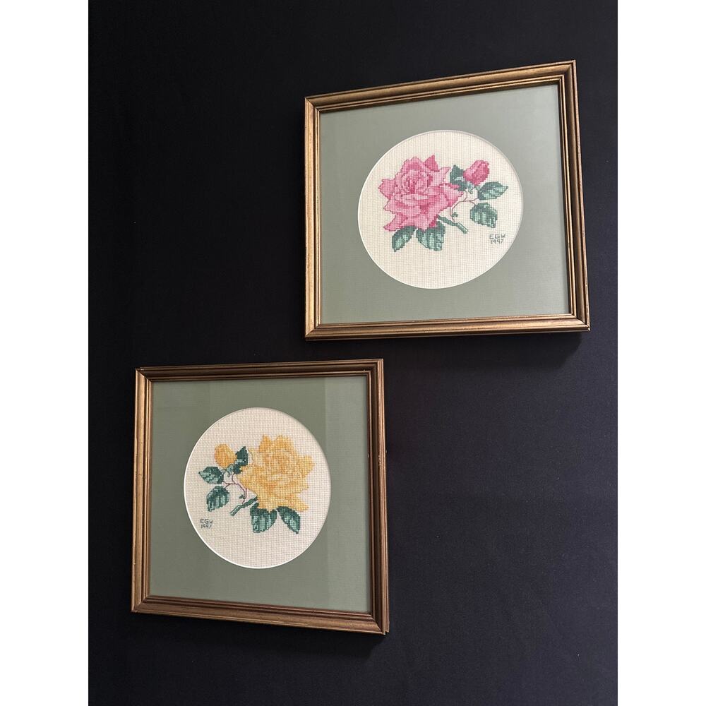 Vintage 1997 Needlepoint Pink and Yellow Rose Framed Wall Art with Glass
